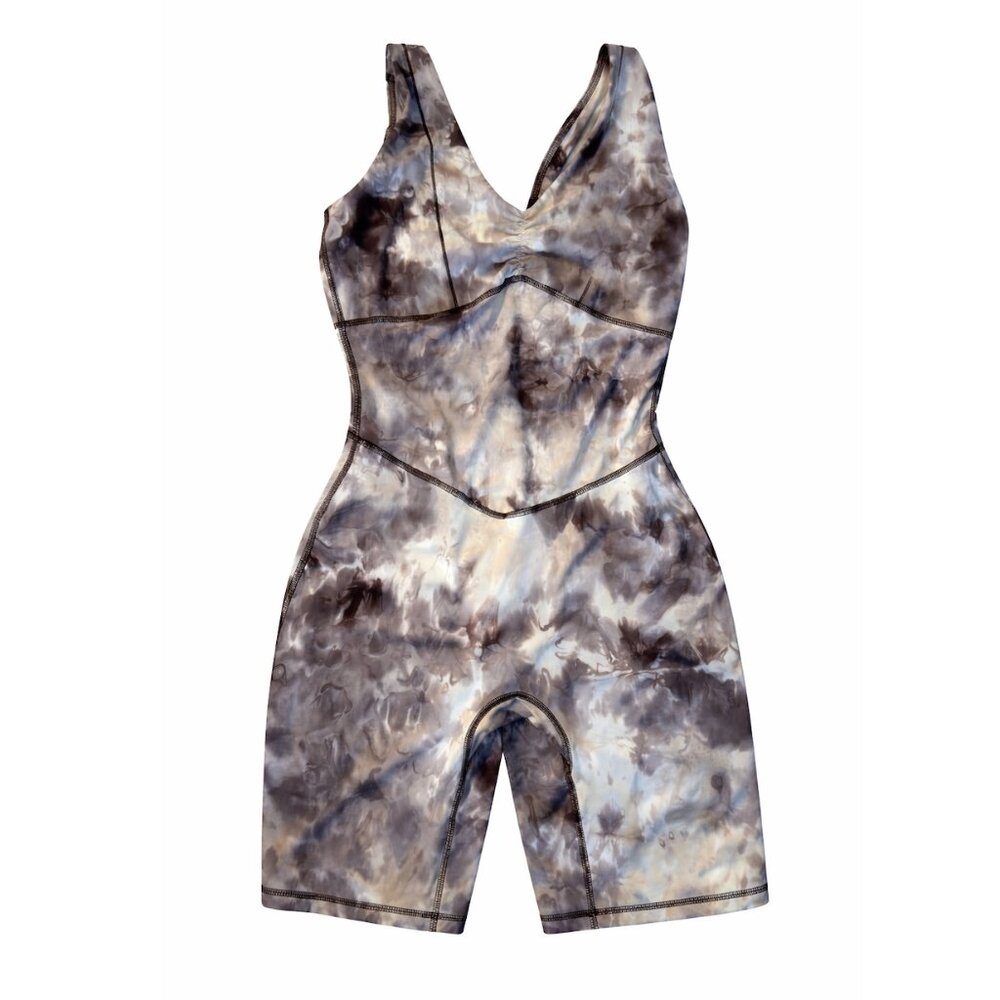 Gymshark Tie-Dye V-Neck Short Romper Jumpsuit - Gray & Cream